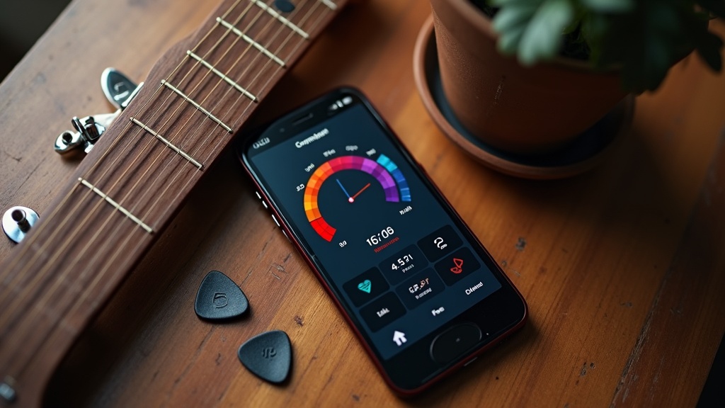 スマートフォンに表示されたギターチューナーアプリとアコースティックギターのヘッド部分の俯瞰写真