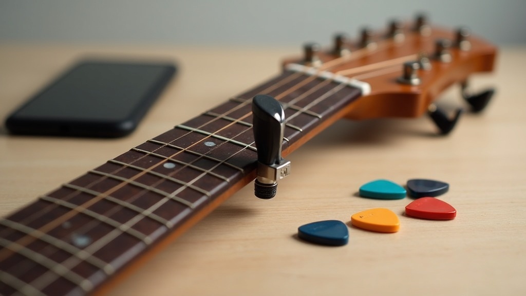 ギターヘッドにクリップチューナーを装着した状態とスマートフォン・ピックが並んだ練習グッズセット