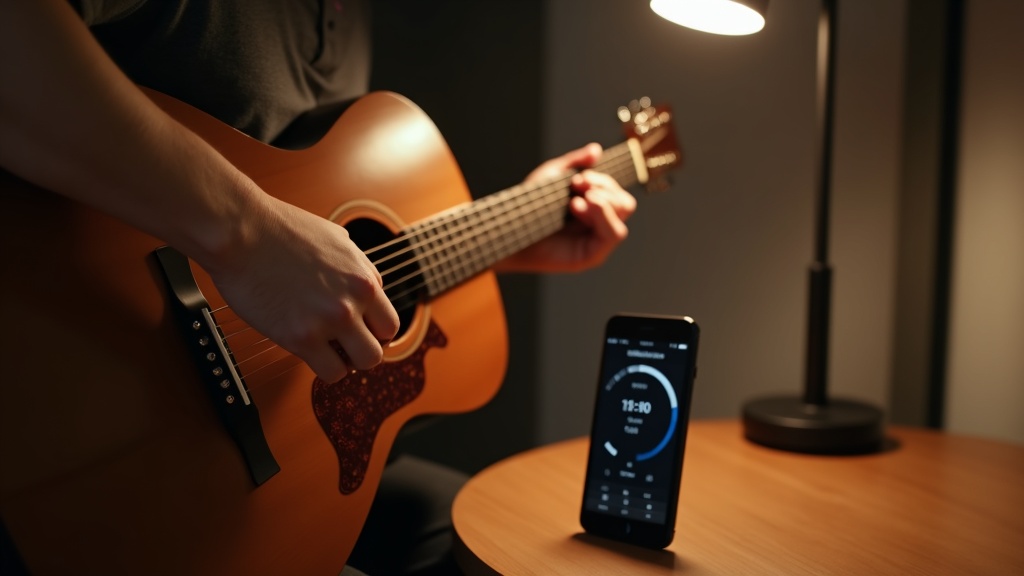 タイマーアプリを表示したスマートフォンの隣でギターコードを押さえて集中練習している手元の様子