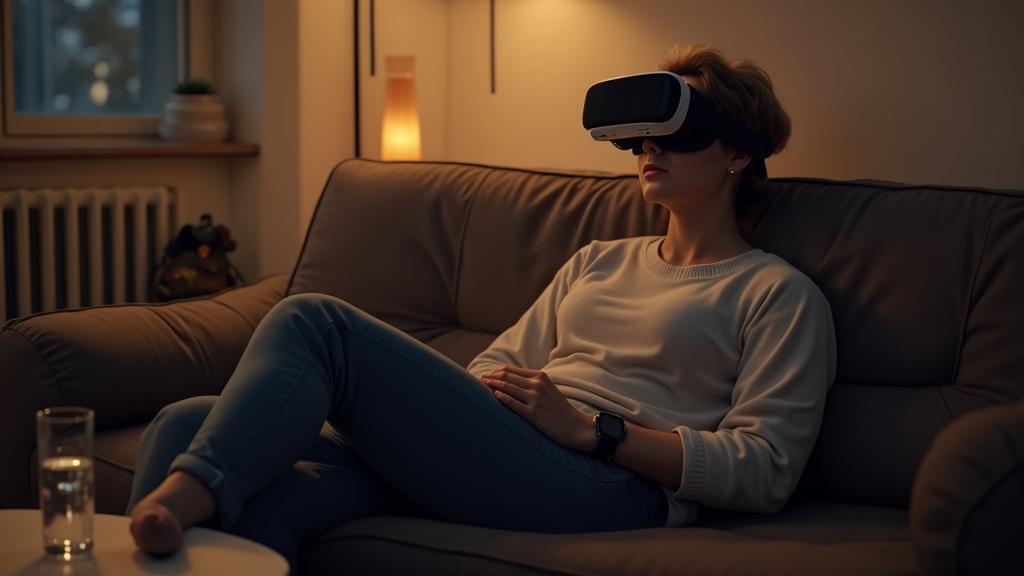 VRプレイ後にヘッドセットを外して休憩する人物。VR酔い対策として適切な休憩を示すイメージ