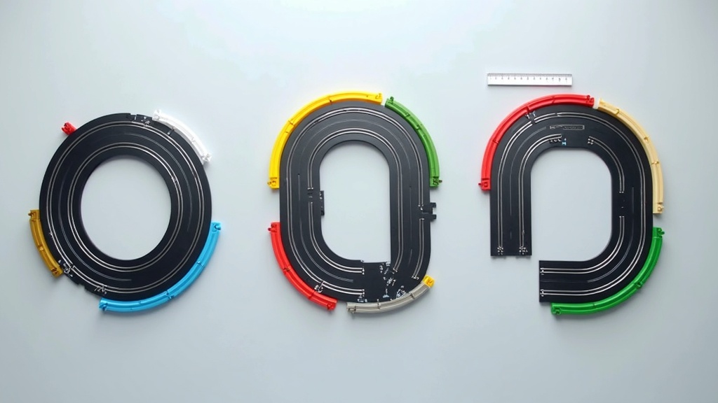 オーバル・8の字・シケイン付きの3種類スロットカーレイアウトを上から比較した配置図