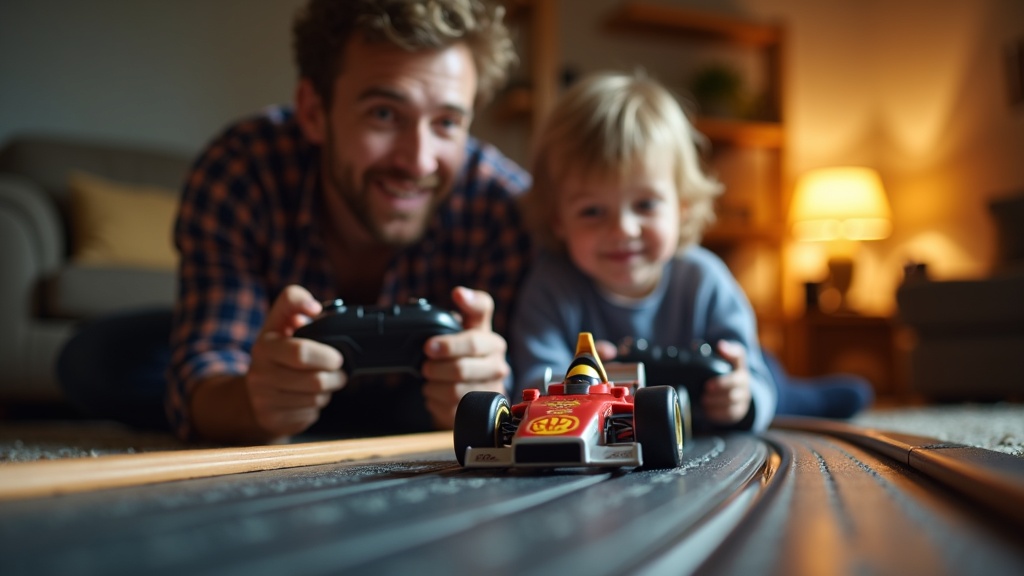 防振マットを敷いたスロットカーコースで親子が一緒にレースを楽しむ自宅設置の様子