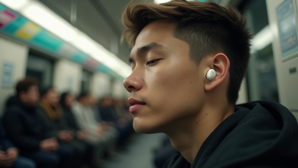 通勤電車内で白いワイヤレスイヤホンを装着しノイズキャンセリングを活用しながら音楽を楽しむ人物