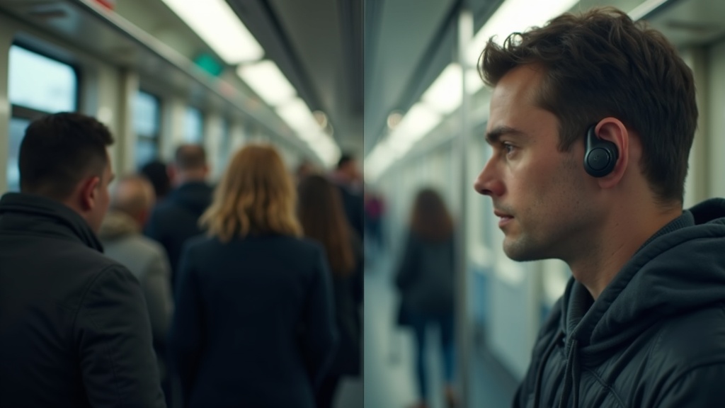 ノイズキャンセリングイヤホン着用前後の騒音環境と静寂の対比を表すイメージ写真