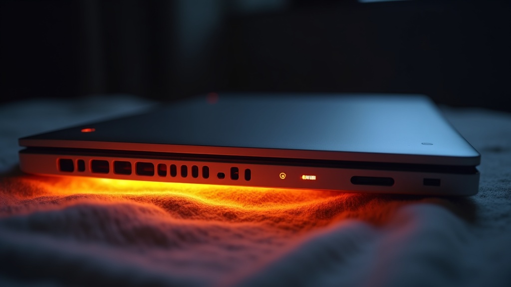 排気口から熱気が出ているノートPCの底面と通気口のクローズアップ写真