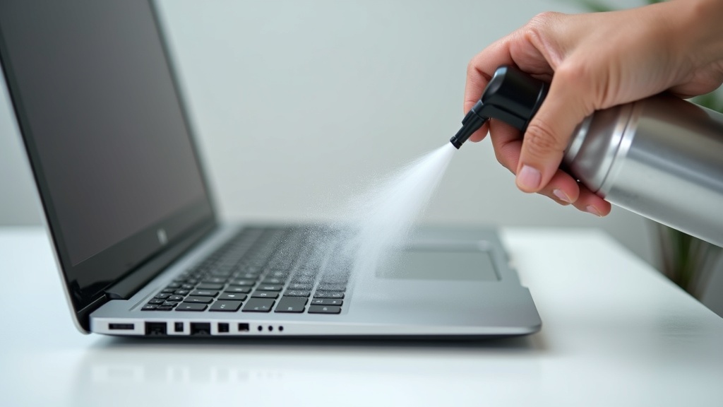 エアダスターでノートPCの排気口のホコリを除去しているメンテナンス作業の手元写真