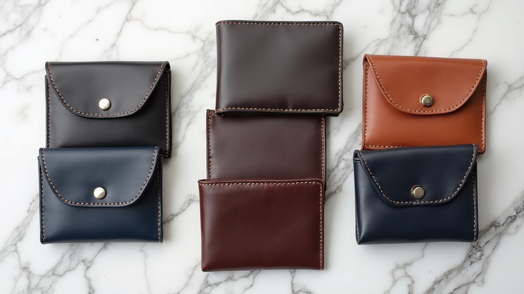 複数カラーの高級本革二つ折り財布のラインナップ俯瞰