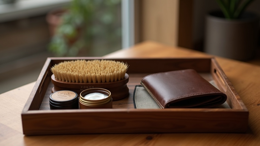 馬毛ブラシ・革用クリーム・クロスを使った本革財布のお手入れセット