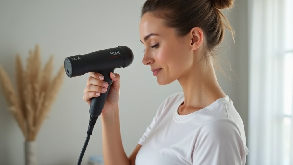 マッサージガンを僧帽筋（肩こり部位）に正しく当てている女性の使用例