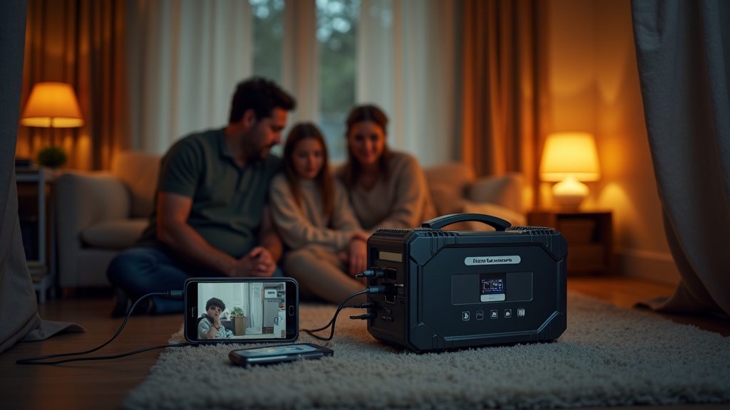 停電時の室内でポータブル電源に医療機器やスマートフォン・小型冷蔵庫を接続して家族が生活している災害時の実践的な使用シーン