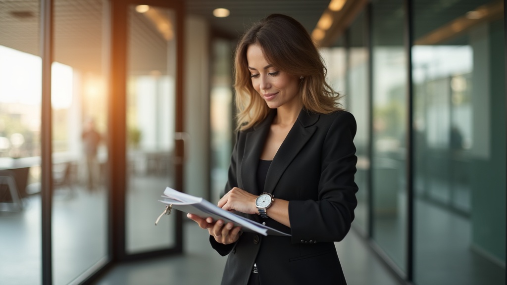 30代女性がオフィスで上質なステンレス腕時計を着用しているシーン｜仕事とプライベートを両立するレディースウォッチ