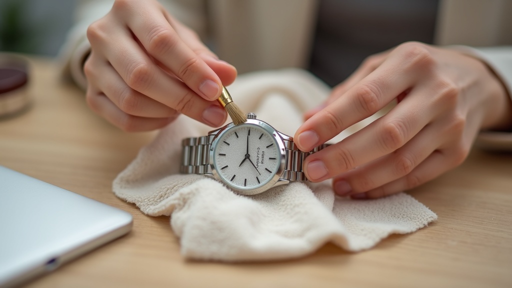 レディース腕時計を柔らかいブラシと磨き布でお手入れしている手元のクローズアップ｜腕時計メンテナンスの基本