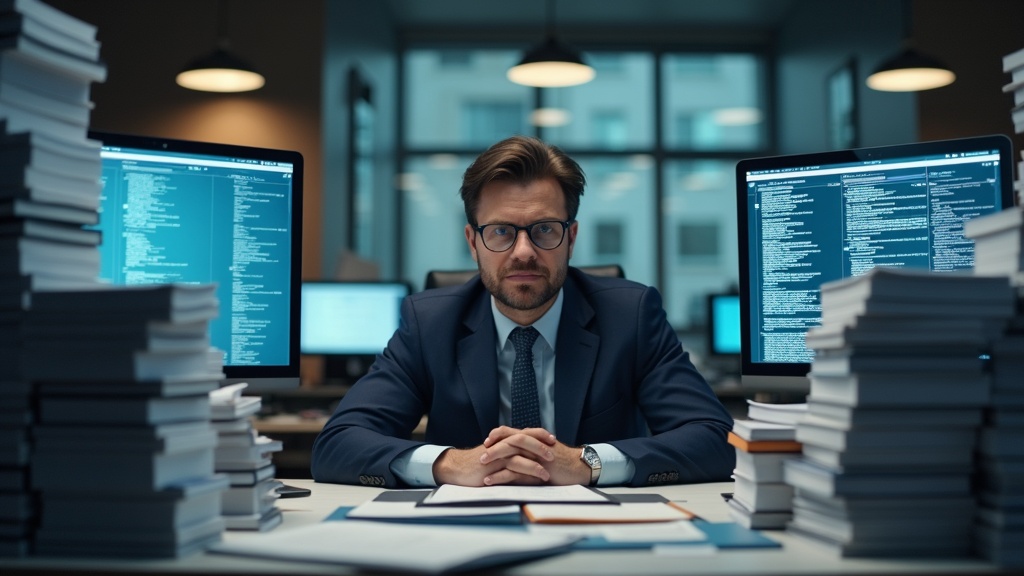 大量の書類と本に囲まれた情報過多のオフィスワーカー