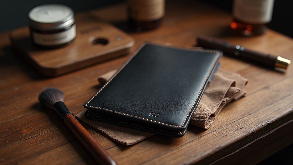 本革パスポートケースのケア用品一式——レザークリームとコットンクロスと防水スプレー