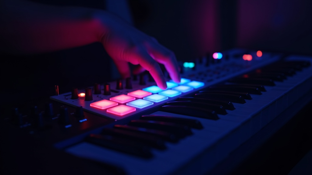 ドラムパッドとノブを搭載したコンパクトMIDIキーボードを操作する様子