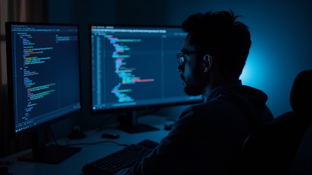 AIコーディングアシスタントによるコード自動補完をデュアルモニターで確認する開発者