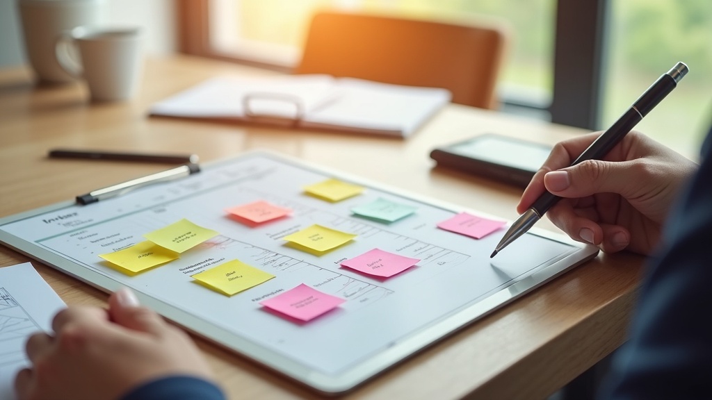 用途別にAIツールを比較・選択するビジネスパーソンが付箋を使って整理している様子