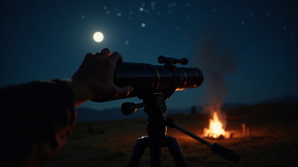 夜空の月に向けた天体望遠鏡のアイピースを調整する初心者