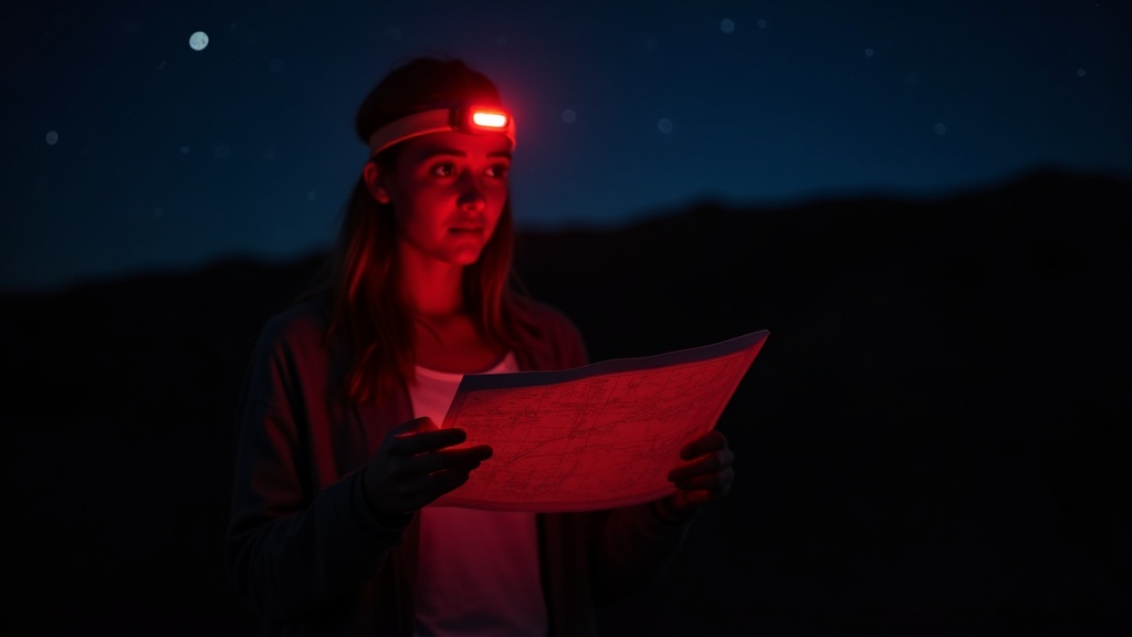 赤色LEDヘッドライトで星座早見盤を確認する星空観察者