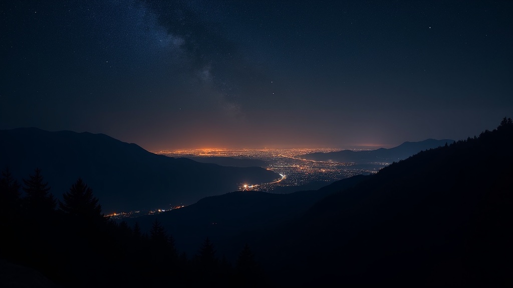 光害のある都市の夜景と光害のない澄んだ星空が対比する山上からの眺め
