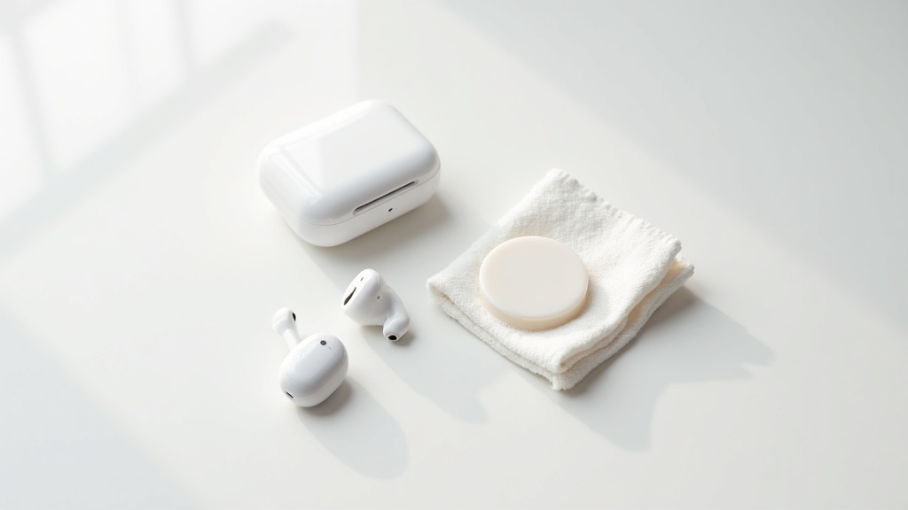 睡眠用イヤホンの毎日のお手入れに使う除菌シートと乾いた布を並べたメンテナンス用品の画像