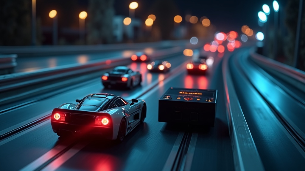 デジタルスロットカーシステムでレーンチェンジャーを通過しながら複数台が同時走行する場面