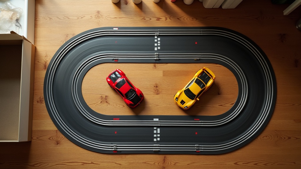 スロットカー入門セットのコース・コントローラー・車両一式を並べたフラットレイ