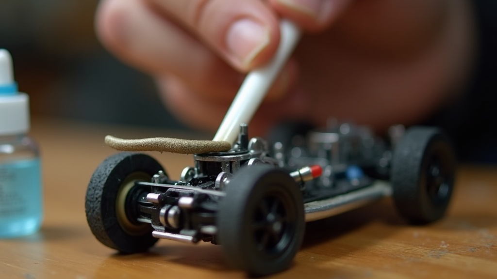 スロットカーの集電ブレードを綿棒で接点清掃している手元のクローズアップ