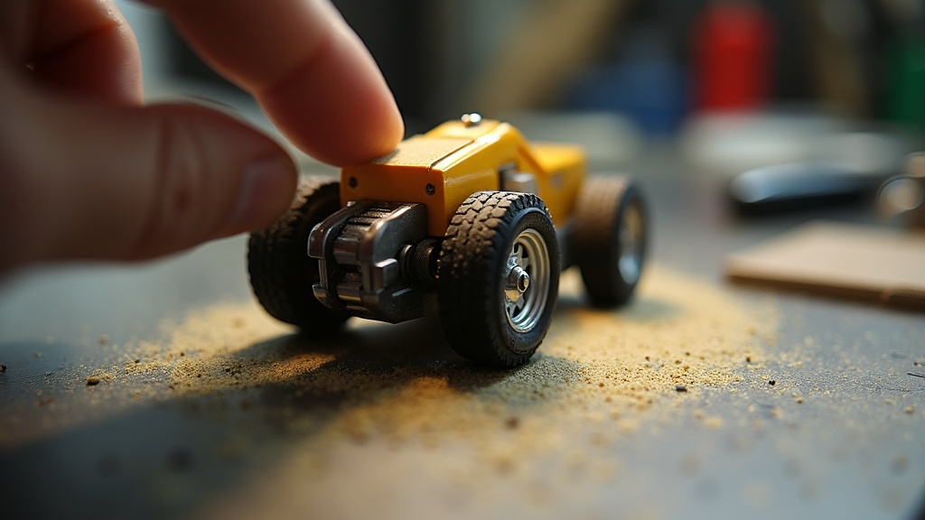 スロットカーのタイヤをトゥルアーにセットして研磨（トゥルーイング）している作業場面