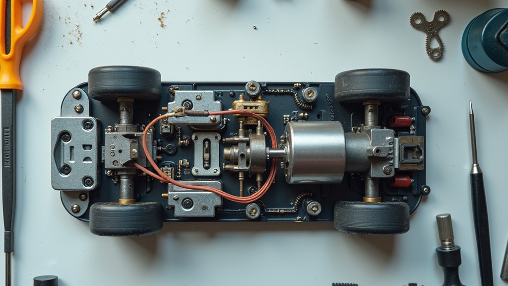 スロットカーのシャーシからモーターを取り外し、新旧モーターを比較しているチューニング作業