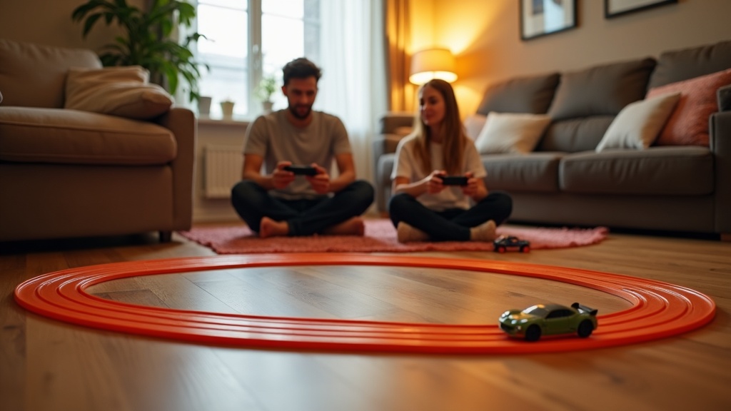 リビングルームに設置された家庭用スロットカーコースで親子が遊んでいる様子