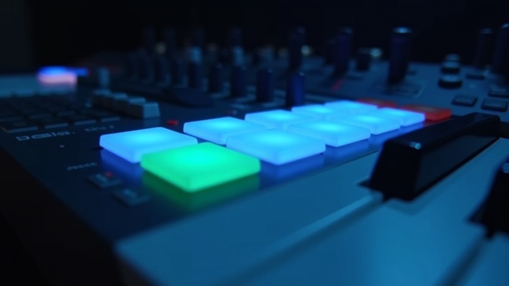 RGBパッドと鍵盤が光るMIDIキーボードコントローラーのクローズアップ製品写真