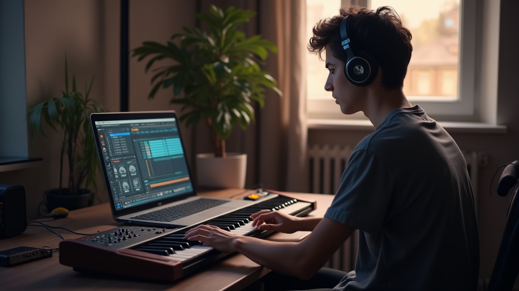 ヘッドフォンを着けてラップトップ隣の25鍵MIDIキーボードでDTM制作をする人物の様子