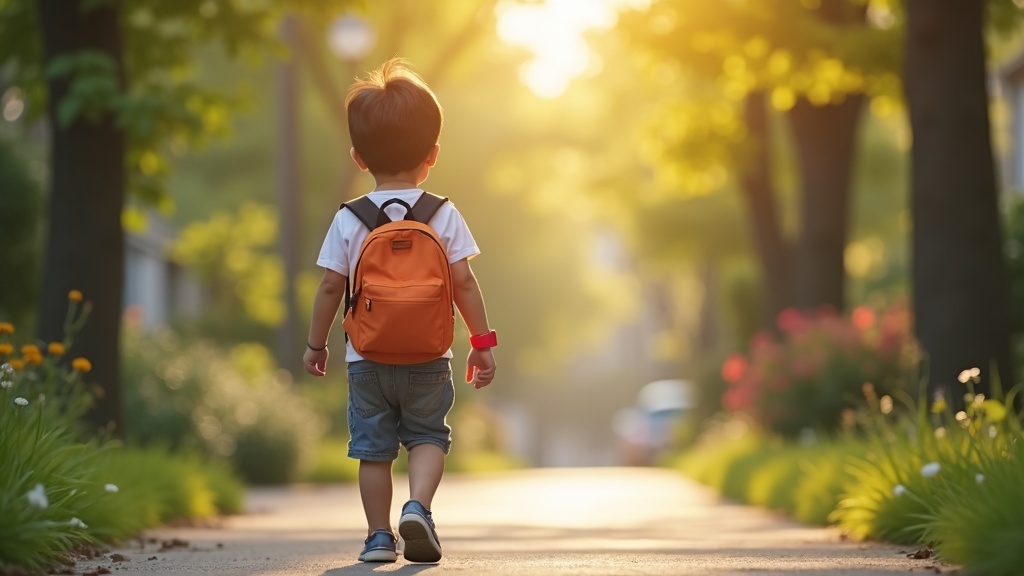 ランドセルを背負いキッズスマートウォッチを装着した低学年の子どもが通学路を歩く後ろ姿