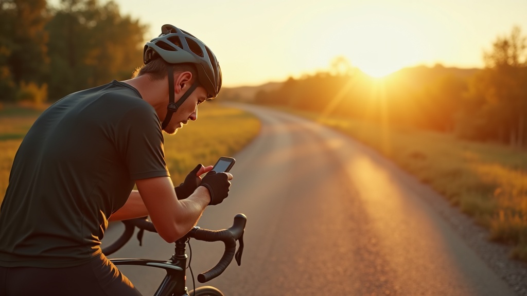 長距離ライドの疲労中にスマートフォンで地図を確認するサイクリスト
