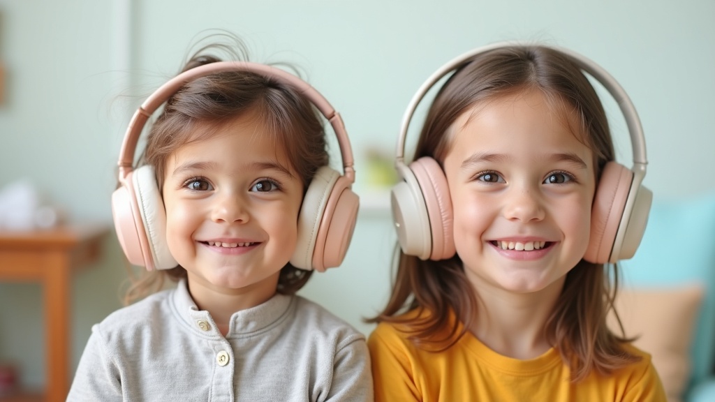 幼児と小学生が年齢に合ったサイズのキッズヘッドホンを装着して比較している様子