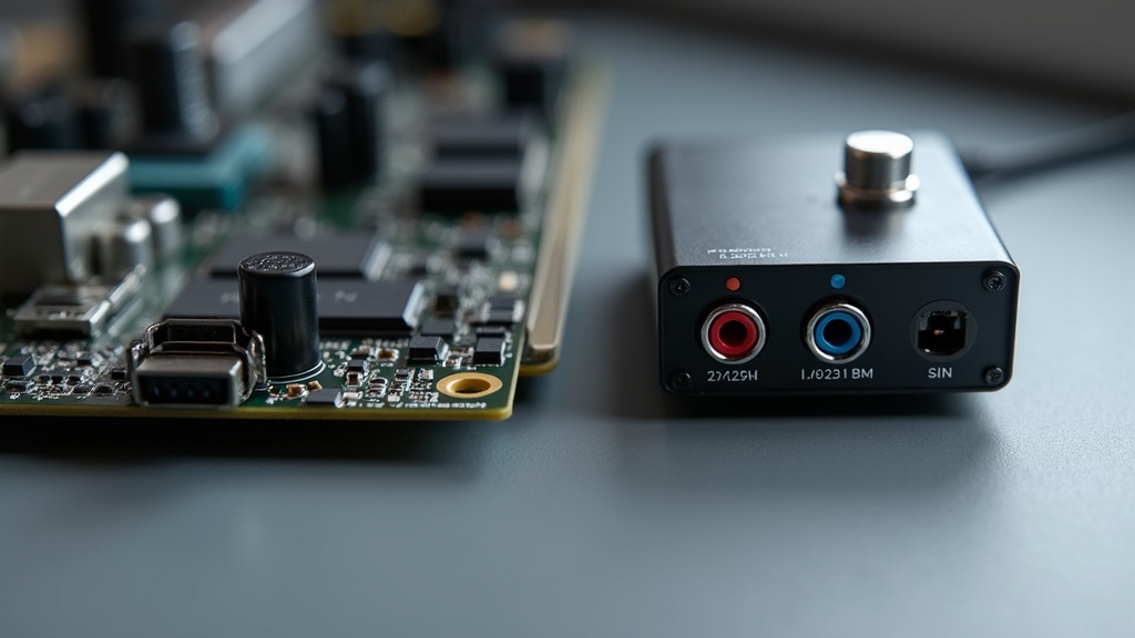 PCマザーボード内蔵サウンドチップとUSBオーディオインターフェースの音質差を表す比較イメージ