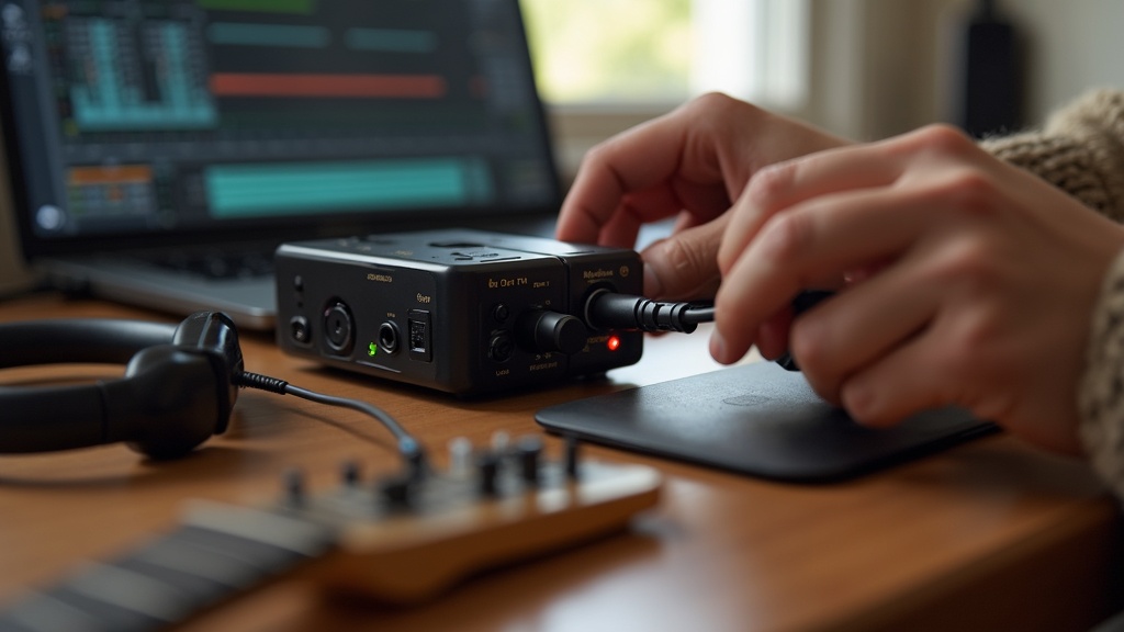 ギターのフォーンケーブルをオーディオインターフェースのHi-Z入力端子に接続している手元の様子