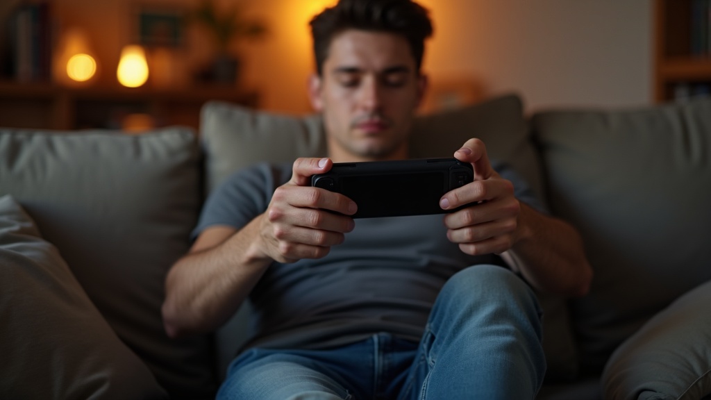 自宅のソファで携帯ゲームPCをリラックスしてプレイしている様子