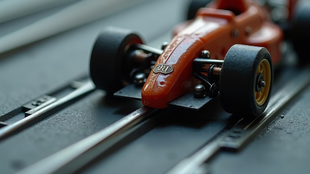 スロットカー底面のガイドピンと集電ブラシがコースの溝と給電レールに接触している様子のクローズアップ