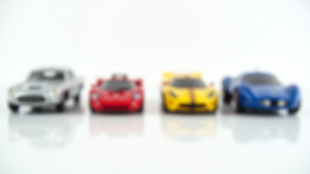 異なるスタイルの1/32スケールスロットカー4台を横並びに配置した比較シーン