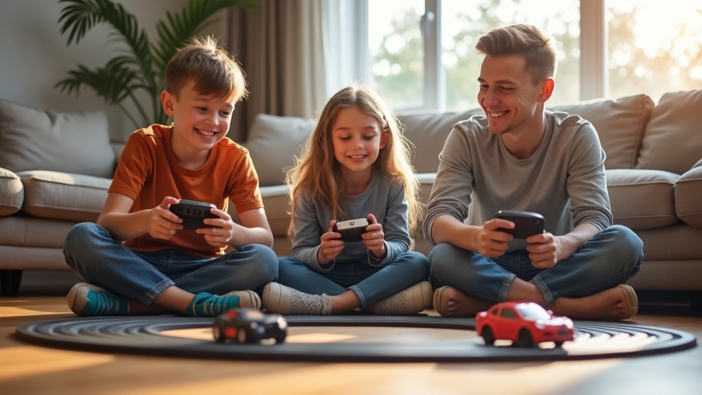 リビングルームでスロットカーのコントローラーを手に親子が笑顔でレースを楽しむ様子