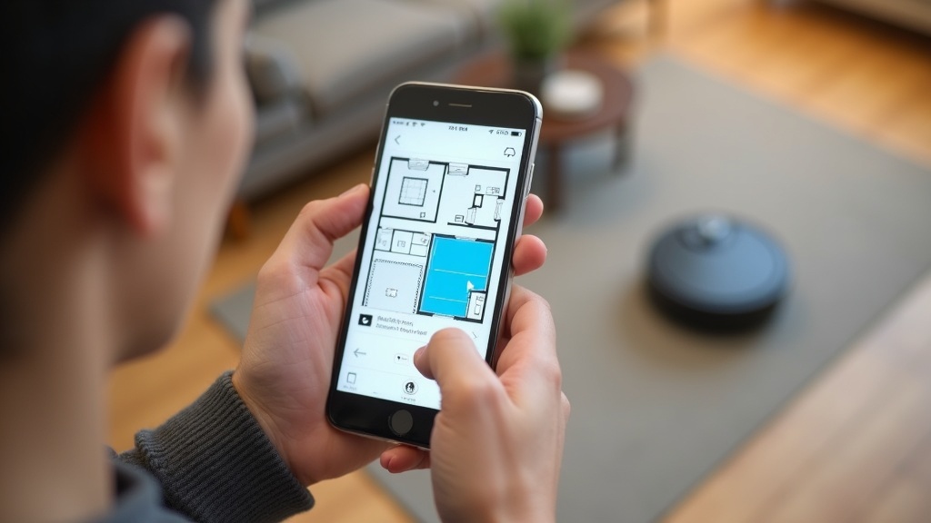 スマートフォンアプリでロボット掃除機の間取りマップと進入禁止ゾーンを設定している操作画面