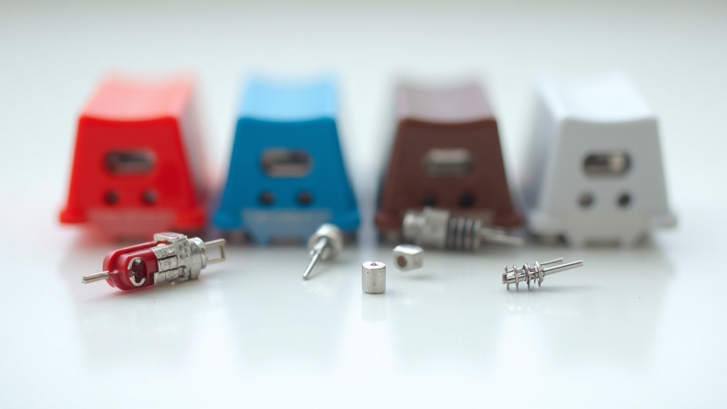 メカニカルキーボードの赤軸・青軸・茶軸・銀軸スイッチを並べて比較した接写