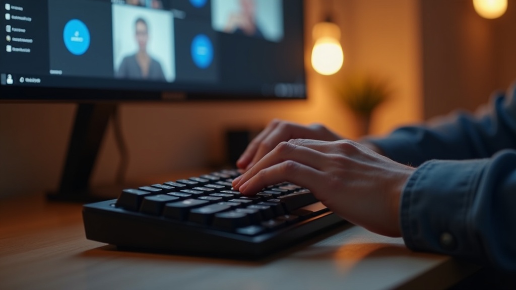 テレワーク中にコンパクトなメカニカルキーボードでタイピングする手元の様子