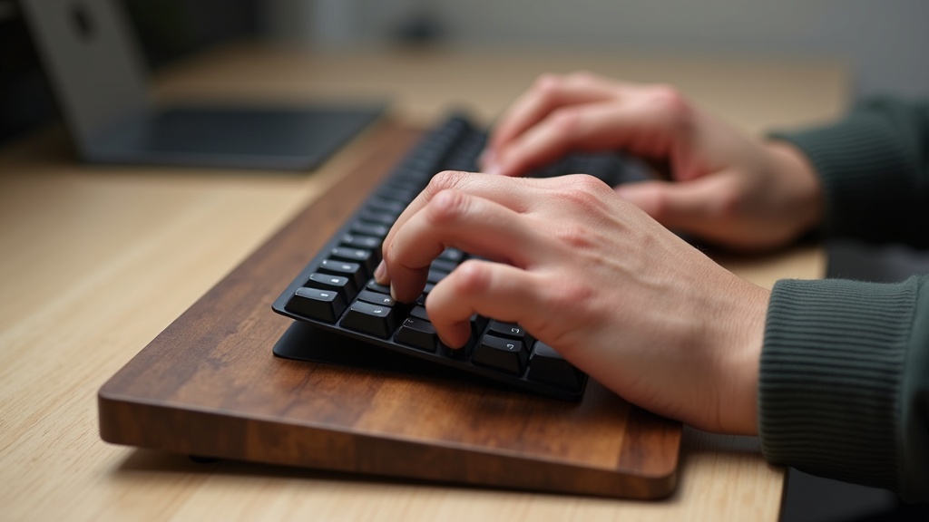 木製パームレストとメカニカルキーボードを組み合わせたエルゴノミクス対応のテレワークデスク環境