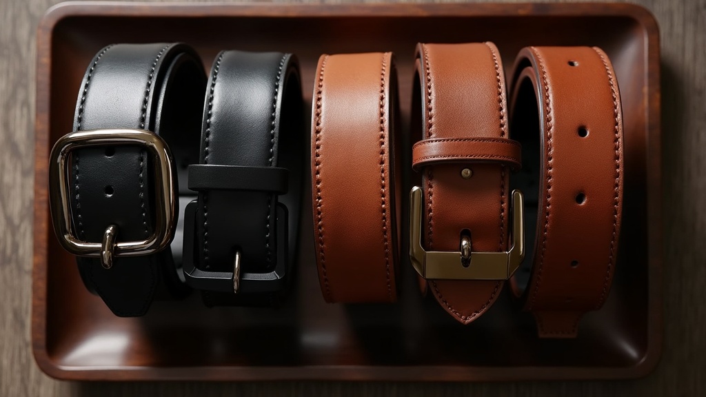 30代メンズ向けブランドベルト比較｜ブラックからブラウンまで異なる色・バックルデザインのレザーベルト5本フラットレイ