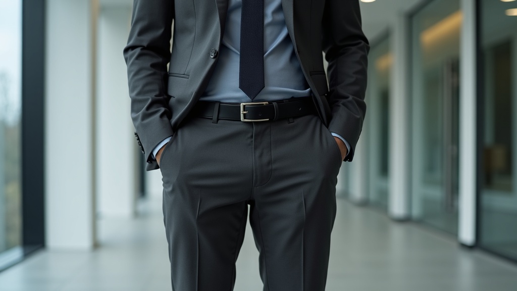 ビジネスコーデのベルトと革靴の色合わせ｜チャコールグレースーツにブラックレザーベルトとブラックオックスフォードを統一したコーディネート