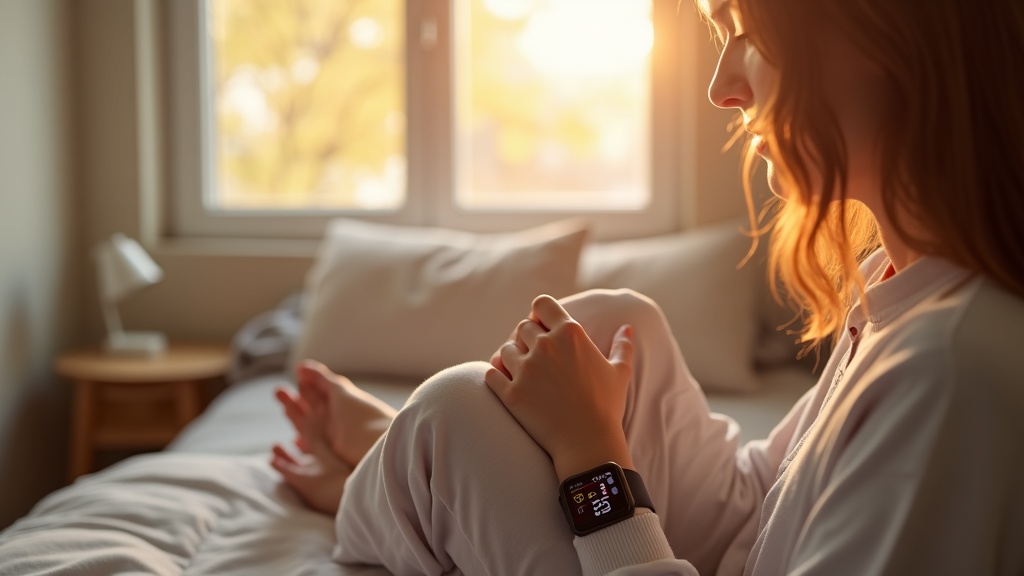 朝起きてスマートウォッチで睡眠スコアと健康データを確認する人物