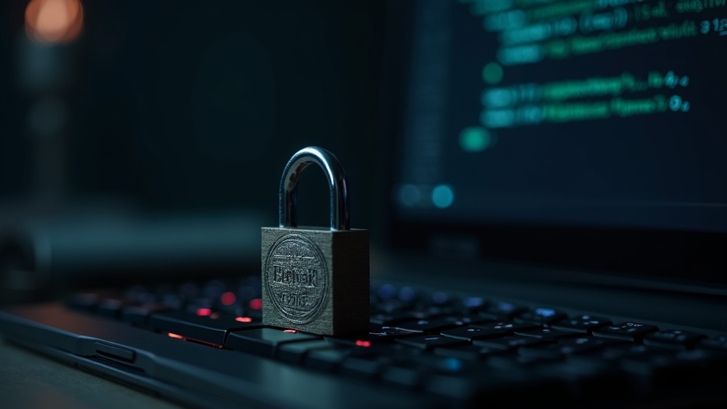 MCPサーバー開発におけるAPIキーのセキュリティ管理、南京錠とターミナル画面のイメージ